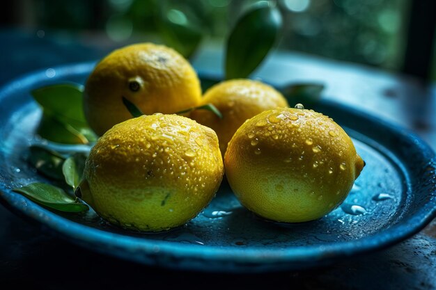 A plate of lemons with water droplets on it