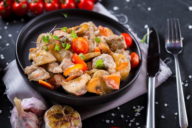 on a plate lies fried meat with vegetables and mushrooms, cherry tomatoes, cutlery on a black