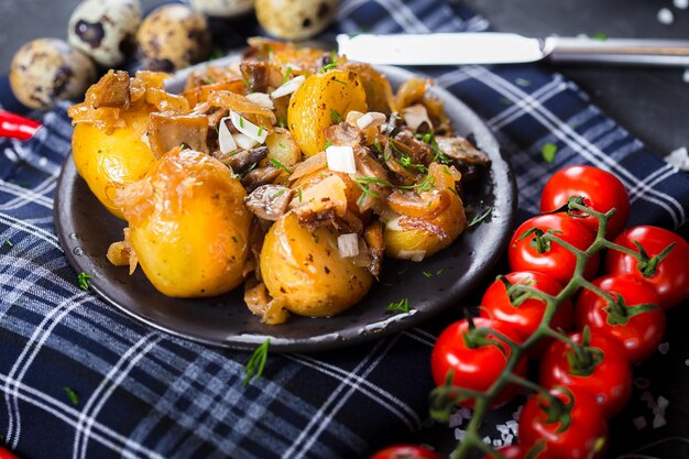 на тарелке лежит деревенский картофель с луком и грибами, помидоры черри, столовые приборы на черном