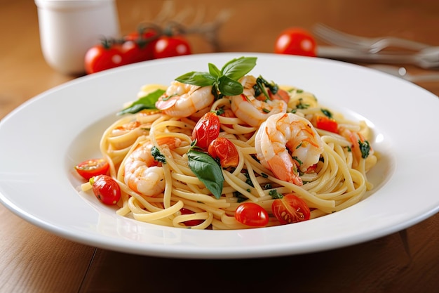 Plate of linguine with shrimps cherry tomatoes basil