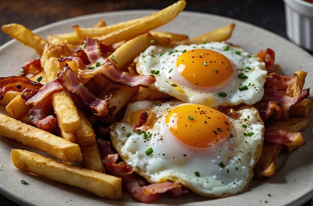 A plate of loaded fries topped with fried eggs and ba