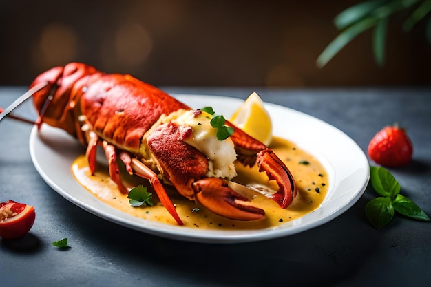 A plate of lobster with lemon wedges on the side
