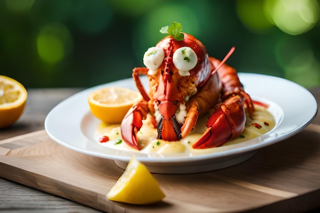 A plate of lobster with lemon wedges on the side