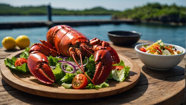 a plate of lobsters and vegetables with a bowl of salad