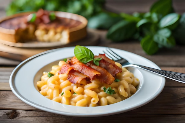 A plate of macaroni and cheese with bacon on top