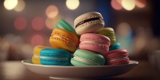 A plate of macaroons is on a table with lights in the background.