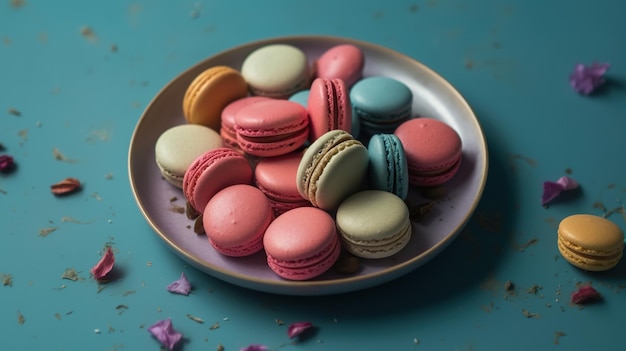 A plate of macaroons sits on a blue table.