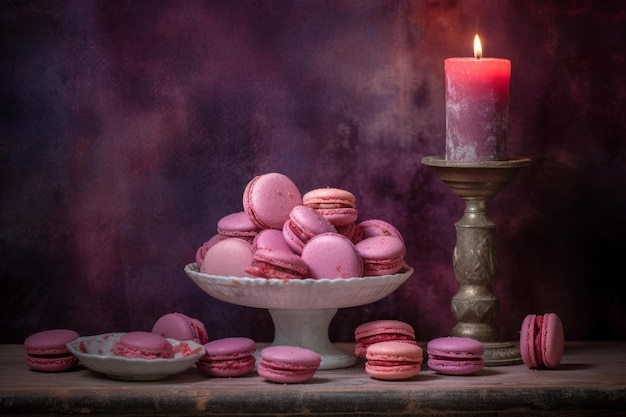 A plate of macaroons sits on a table next to a candle.