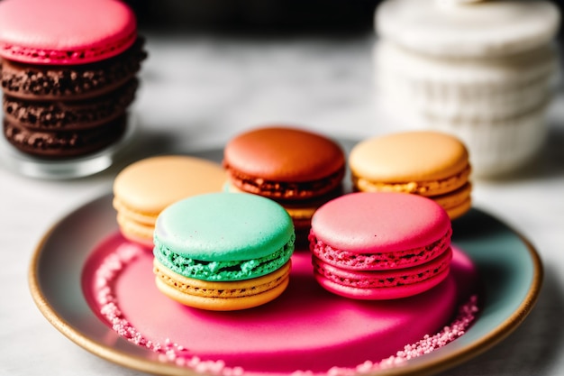 A plate of macaroons sits on a table with other desserts.