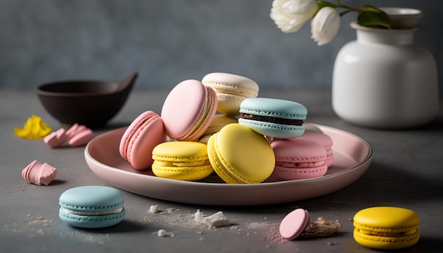 A plate of macaroons on a table with a vase of flowers in the background