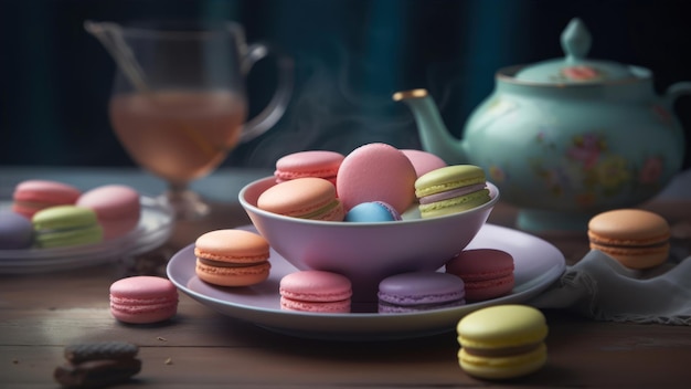 A plate of macaroons and teapots on a table