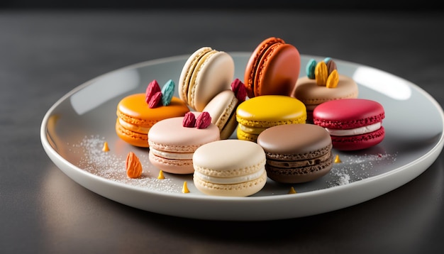 A plate of macaroons with different colors and hearts on it