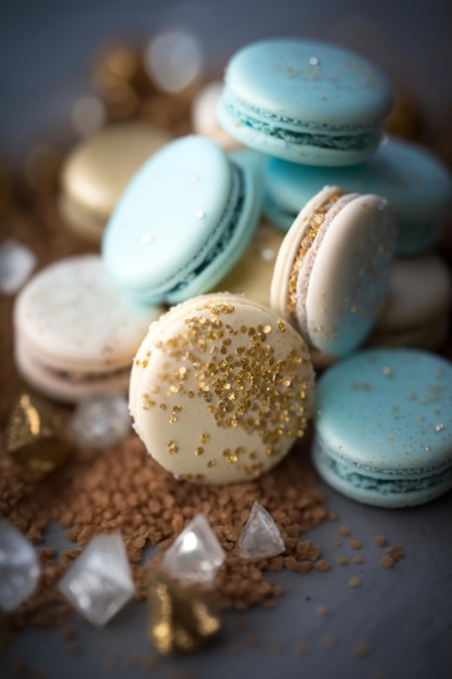 A plate of macaroons with gold glitter on top