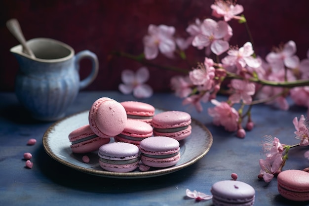 A plate of macaroons with pink flowers on the table