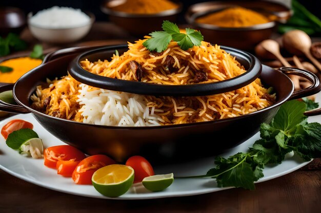 Photo a plate of malabar biryani with its rice cooked in coconut milk and spices