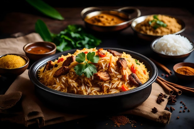 Photo a plate of malabar biryani with its rice cooked in coconut milk and spices