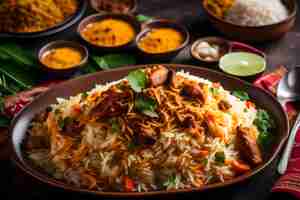Photo a plate of malabar biryani with its rice cooked in coconut milk and spices