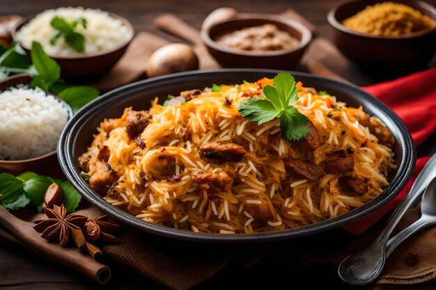 Photo a plate of malabar biryani with its rice cooked in coconut milk and spices