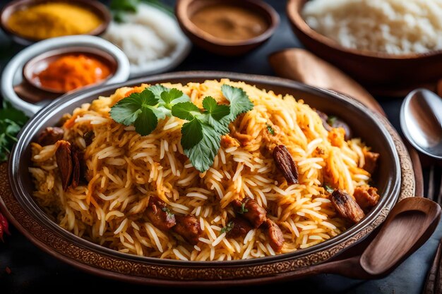 Photo a plate of malabar biryani with its rice cooked in coconut milk and spices