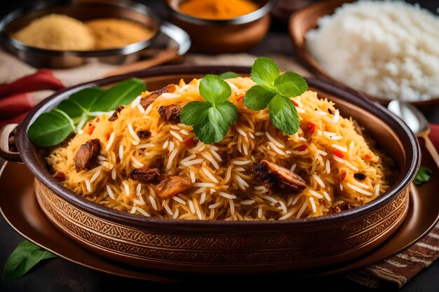 Photo a plate of malabar biryani with its rice cooked in coconut milk and spices