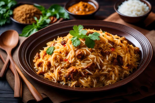 Photo a plate of malabar biryani with its rice cooked in coconut milk and spices