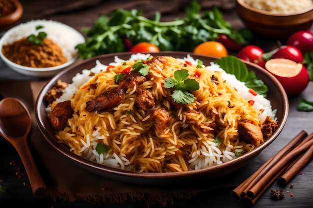 Foto un piatto di malabar biryani con il riso cotto in latte di cocco e spezie