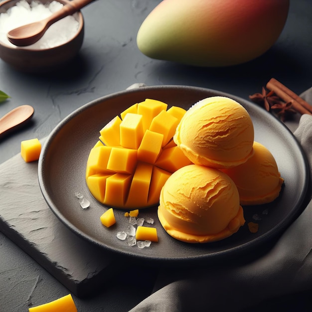 A plate of mango ice cream and diced mango The plate is on a slate surface with a wooden spoon