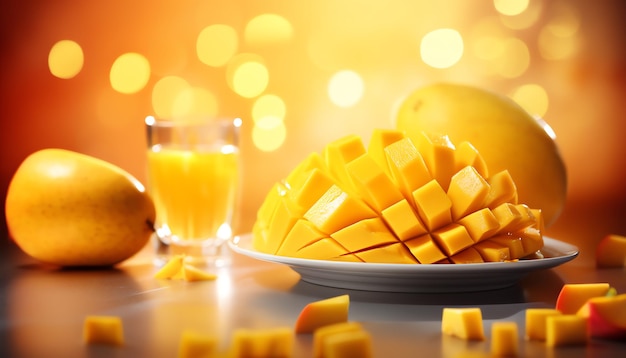 Foto un piatto di mango e un bicchiere di succo