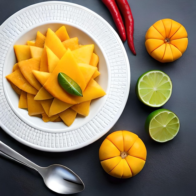 A plate of mangoes and limes with a spoon next to it.