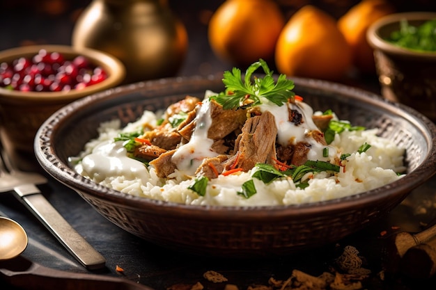 柔らかい子羊のヨーグルトソースと米の伝統的なヨルダンの料理であるマンサフの皿