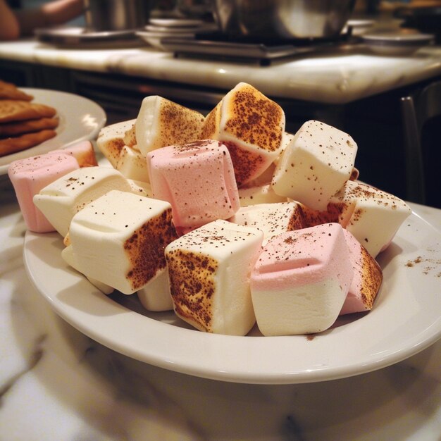 a plate of marshmallows with a white plate of cookies on it