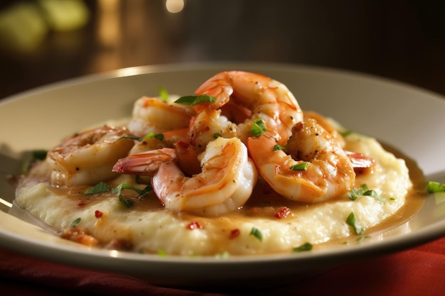 A plate of mashed potatoes topped with shrimp generative AI