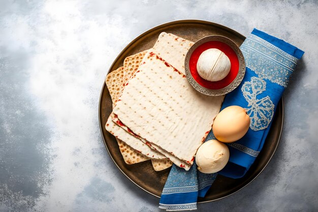 A plate of matzah with a bowl of eggs and matzah on it