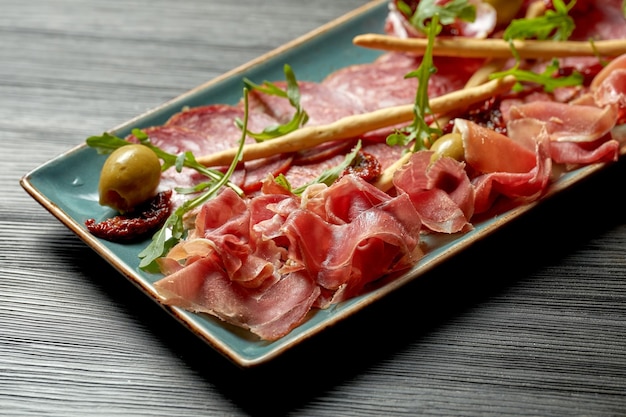 Plate of meat antipasti with salami, jamon in a blue plate on a wooden background