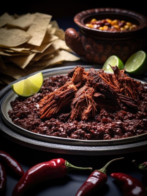 A plate of meat and beans with lime slices on top