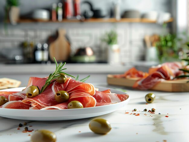 Photo plate of meat and olives on table