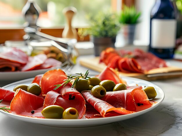 Foto piatto di carne e olive in tavola