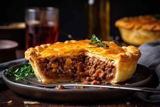 Premium AI Image | Plate of meat pie topped with golden and flaky crust