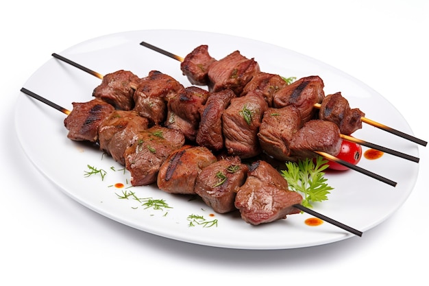 A plate of meat on skewers with a red pepper on the side.