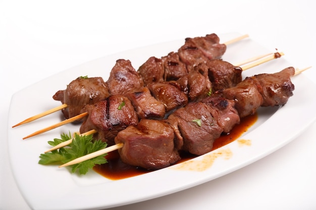 A plate of meat on skewers with a slice of parsley on top