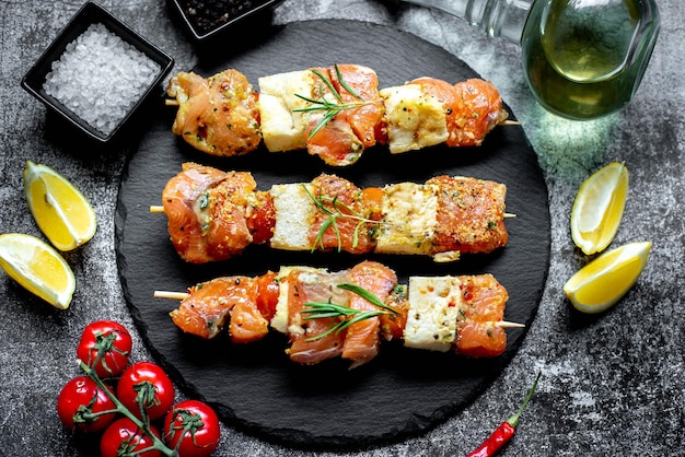 A plate of meat skewers with tomatoes and cheese on a dark background.