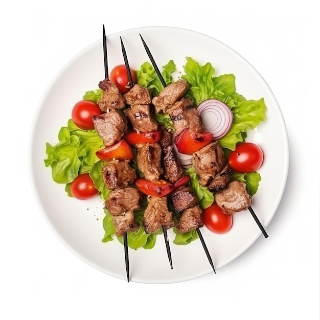 A plate of meat and vegetables with a picture of tomatoes on it.