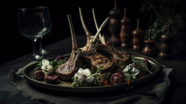 A plate of meat with a bunch of flowers on it