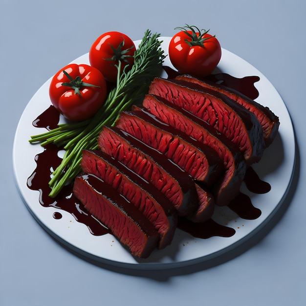 A plate of meat with a garnish of tomatoes and green herbs.