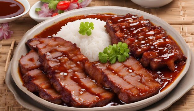 Photo a plate of meat with rice and a piece of rice