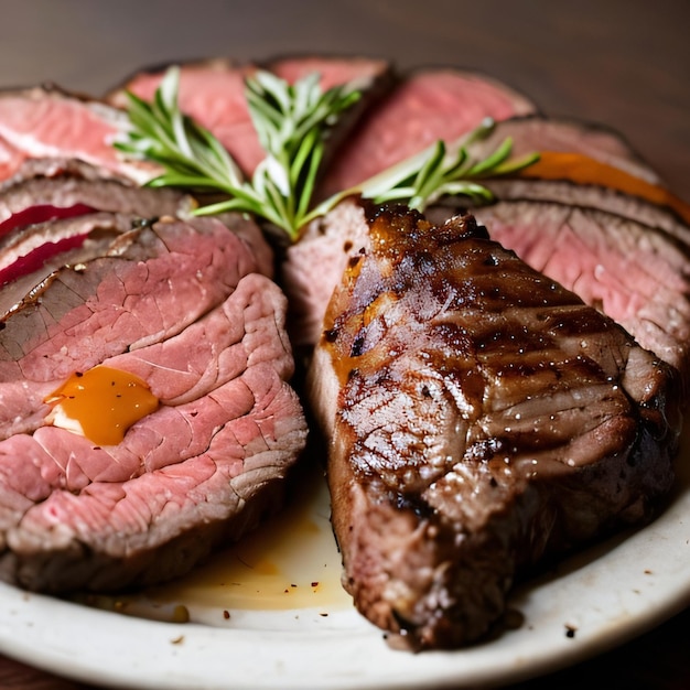 A plate of meat with a slice of meat on it