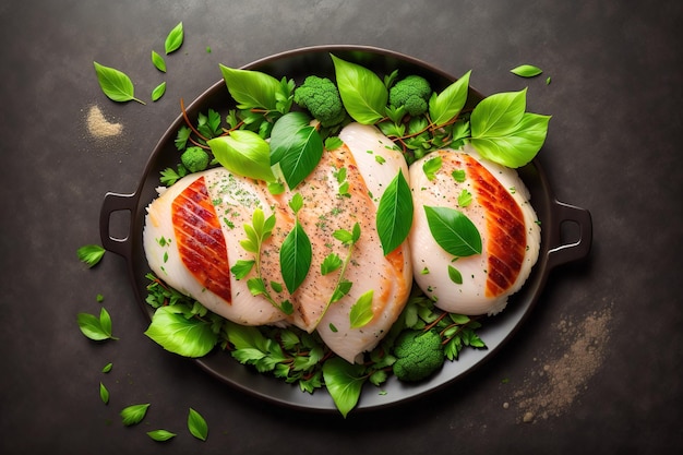 A plate of meat with a sprig of basil on it