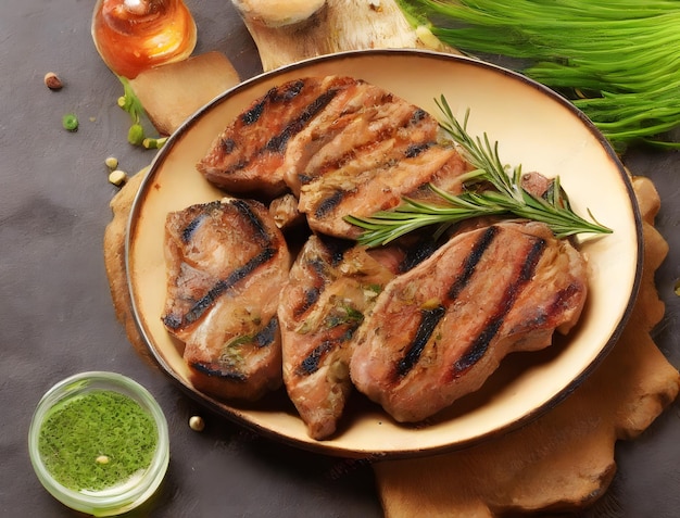 A plate of meat with a sprig of green herbs on it