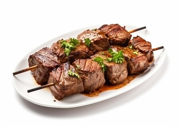 A plate of meat with a wooden skewer on it