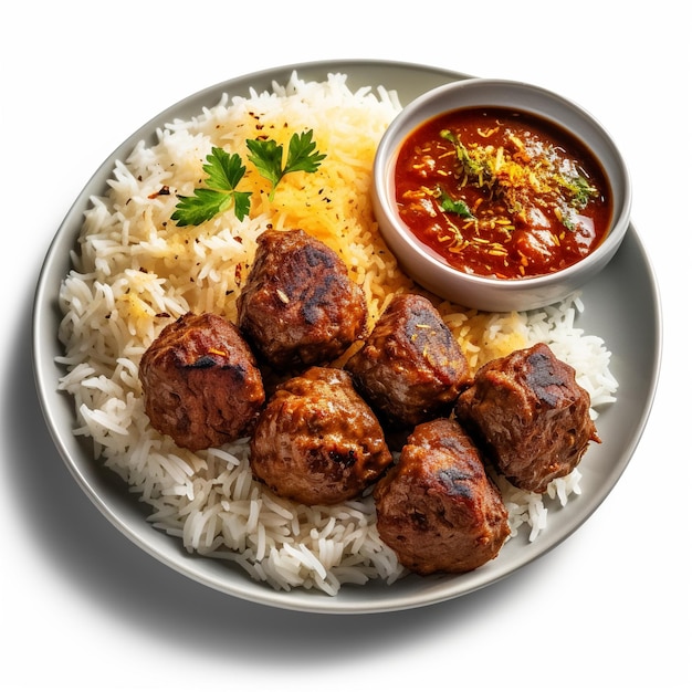 A plate of meatballs with a bowl of sauce and a small bowl of sauce.